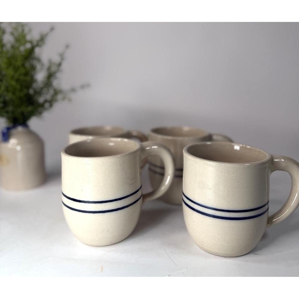 Lot of 4 Martinez Pottery TX Heritage Blue Stripe Coffee Barrel Mug 16oz